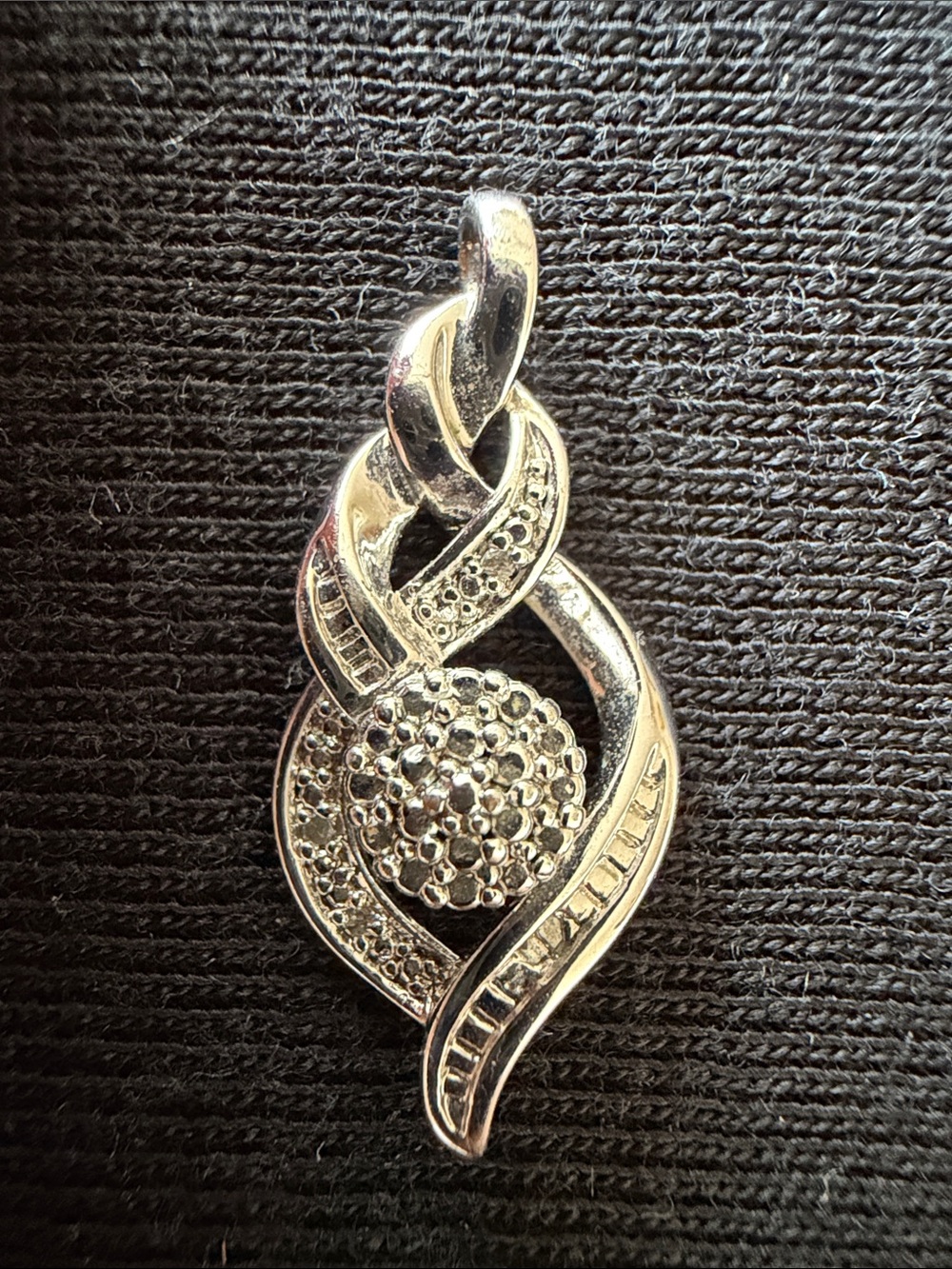 Vintage bohemian abstract woven silver pendant with clear gemstones